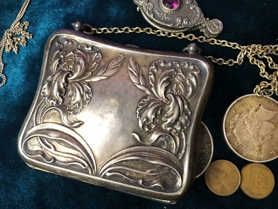 Muñequera antigua vintage victoriana de metal alemana de plata con tarjeta de llamada Foto 1 de 4