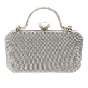 Silver Tone Fashion Satin Fabric Clutch Evening Bag With Rhinestone TLX205-SIL - Picture 1 of 3