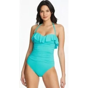 Bleu by Rod Beattie Aqua Ruffled Halter One-Piece Swimsuit - Size 4 - Picture 1 of 5