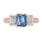 4.2 Emerald Blue Moissanite 18K Pink Gold 3 Stone Statement Wedding Bridal Ring