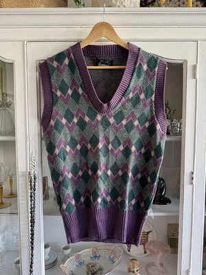 Chaleco Suéter Wintuk by Forum Argyle Vintage Años 50 Años 60 Púrpura Verde Acrílico M Foto 1 de 4
