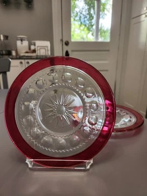 Pair of Two Vintage Tiffin Kings Crown  Ruby Red Flashed Top 7.5" Glass Plates - Image 1 of 4