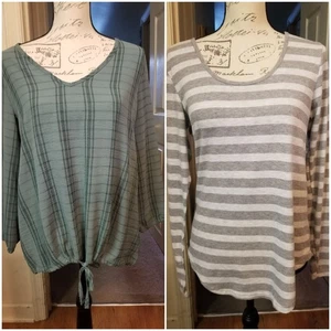 2 Just Be Tops M grün kariert Tunnelzug Bluse grau gestreift HiLo Tshirt LSlv L/W - Bild 1 von 18