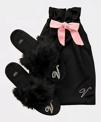 NWT VICTORIA'S SECRET BLACK CRYSTAL V SLIPPERS W/BAG SIZE M 7-8 - Image 1 of 2
