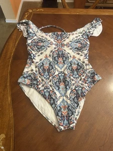 Nuevo Traje de Baño Becca Floral de Una Pieza para Mujer 2X Fuera del Hombro Volantes Azul Blanco - Imagen 1 de 7