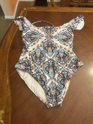 New Becca Floral One Piece Swimsuit Womens 2X Off Shoulder Ruffle Blue White - Image 1 of 4