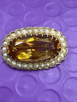 ❤️ Broche antiguo de citrino y perlas de oro amarillo de 14k marcado por artista (2370) Foto 1 de 4