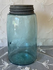 Antique Quart Ball MASON Jar  Triple L Blue/Green 1900-1910 w/Bubbles Zinc Lid - Picture 1 of 15