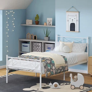 Twin Size Metal Platform Bed Frame w/ Bowknot Headboards&Footboard No Box Spring - Picture 1 of 51