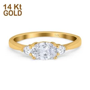 14K Yellow Gold Three Stone Oval Cubic Zirconia Wedding Engagement Ring - Picture 1 of 22