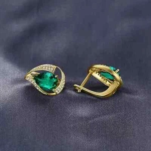 3Ct Pear Cut Lab Created Green Emerald Snap Earrings In 14K Yellow Gold Plated - Picture 1 of 8