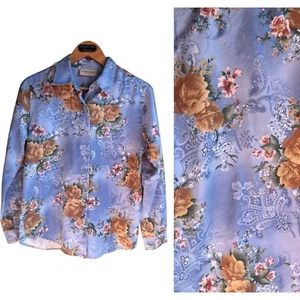 Vintage Lemon Grass Blue Microsuede Floral Long Sleeve Button Down Shirt SMALL - Picture 1 of 9