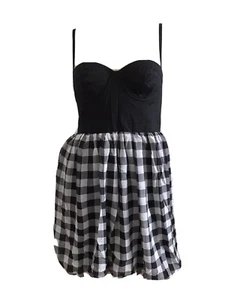 BLACK COTTON CHECKED CORSET CHIFFON BUBBLE HEM MINI DRESS UK 14 EU 42 MEDIUM NEW - Picture 1 of 11