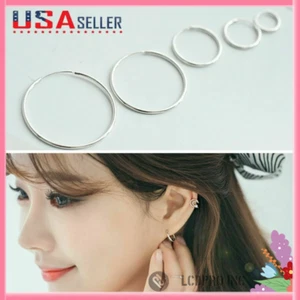 Classic Hoop Earrings Round Shaped Solid 925 Sterling Silver Women Men Jewelry - Picture 1 of 11