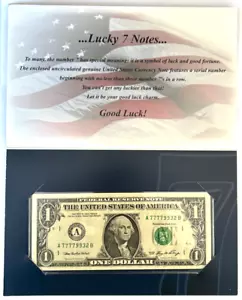 2006 $1 Lucky Seven Uncirculated US Note in BEP Folder Serial# 77779932 - Picture 1 of 4
