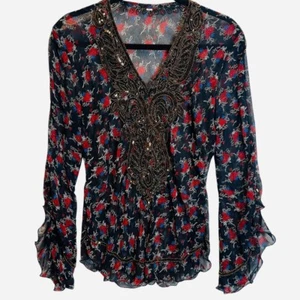 Floral Beaded Sheer Blouse V-Neck LS Ruffle Cuff Top *Must See Measurements* - Picture 1 of 6