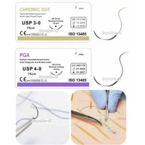 Absorbable Dental Oral Surgical Sutures CHROMIC GUT 3/0 PGA 4/0 Natural Needled - Picture 1 of 11