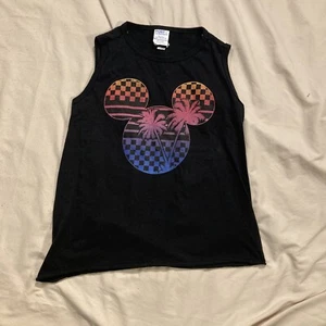 Disney Micky Mouse KLEINES ärmelloses schwarzes T-Shirt tropische Palmen Logo - Bild 1 von 9