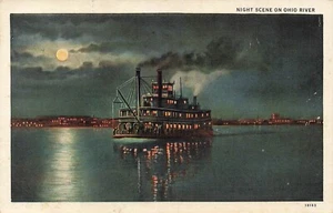 Vintage Ferry Boat Night Scene on Ohio River Unposted Postcard - Picture 1 of 2