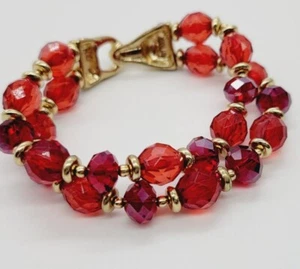 Napier RED faceted double row beaded Bracelet Gold tone STRETCH OSFM - Picture 1 of 6