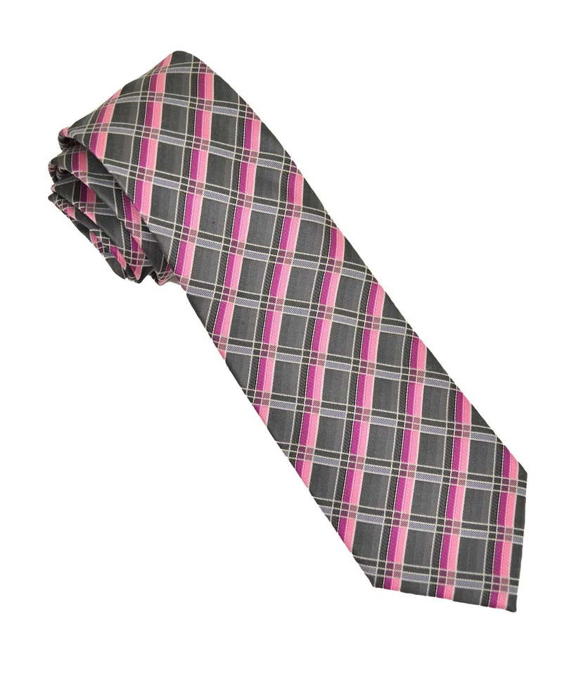 John Ashford Men Crisscross Dress Necktie Pink Grey Plaid office wear - Image 1 of 1