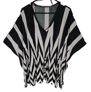 Maria Gabriella Black Beige Geometric V Neck Womens Top Plus Size 1X Cinch Waist - Picture 1 of 7