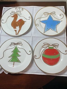 Pier 1 Christmas Holiday Dessert Appetizer Plates 7 1/2" Porcelain Gold Accents - Picture 1 of 7