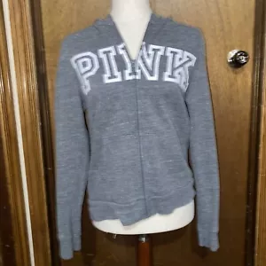 Victoria Secret VS PINK Full Zip Spellout Hood Logo Hoodie Sz M Grey w/ Pockets - Picture 1 of 3