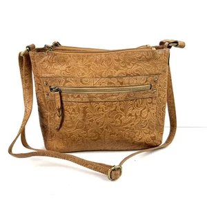 Tolle American Leather Works Umhängetasche hellbraun verzierte Lederhandtasche - Bild 1 von 16