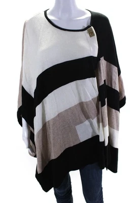 Calvin Klein Womens Striped Side Slit Turn Lock Poncho Sweater Beige Size OS - Image 1 of 4