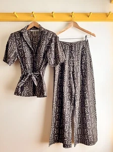 NORMA KAMALI vintage 80s cotton block print shirt blouse pants suit set S 27" - Picture 1 of 9