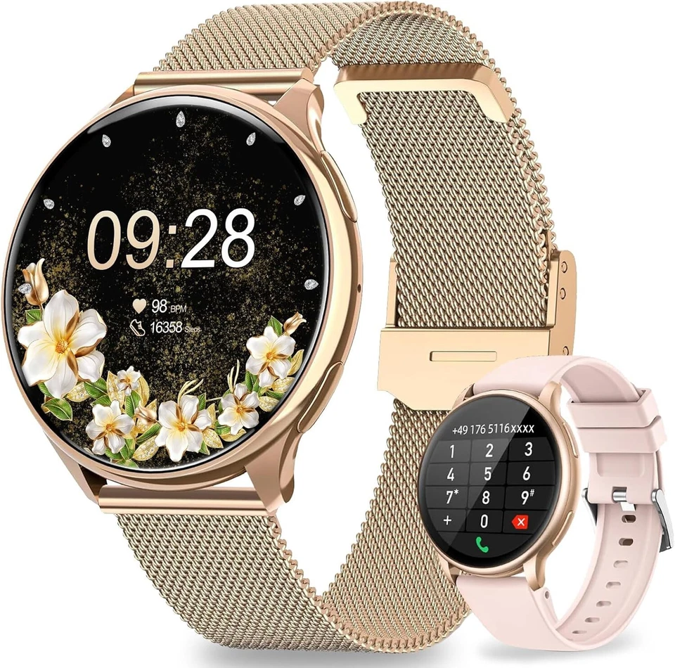 SmartWatch Damen in Roségold, Bluetooth-Anrufe, Fitnessuhr für Samsung & Apple - Bild 1 von 4