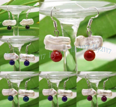 12-15mm White Natural Biwa Pearl & Round Gems Beads Dangle Silver Hook Earrings - Image 1 of 4