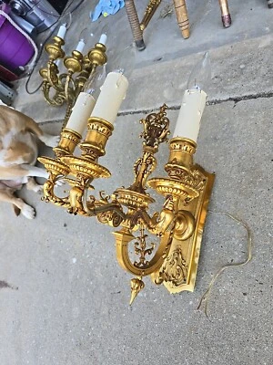 Heavy French Vtg Heavy Brass Over 12 Lbs 4 Lights ANTIQUE  - Image 1 of 4