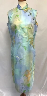 Vestido midi vintage Tori Richard M/L azul estampado pintado vaina sin mangas asiático Foto 1 de 4