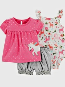 Baby Mädchen 3 tlg Top, Body & Shorts von Carter’s Set Rosa Einhorn Outfit Neu - Bild 1 von 7