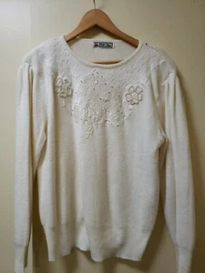 MAGLIONE VINTAGE DONNA BIANCO PERLA IN PIZZO L XL PULLOVER GIROCOLLO - Foto 1 di 6