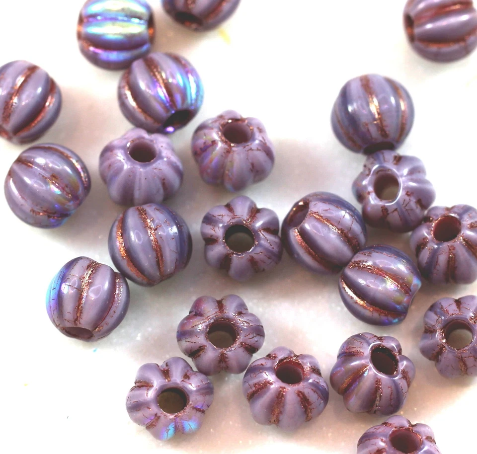 Large Hole 8 mm Melon Beads w/3 mm Hole, Thistle w/AB & Copper Wash, 10 Pcs 433 - Image 1 of 1