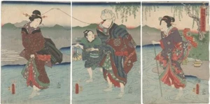 Toyokuni Japan Woodblock Prints Mt. Fuji River Kimono Barefoot 1854 Triptych - Picture 1 of 1