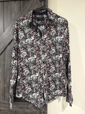 GUESS  Paisley Mens Small Floral Shirt Slim Fit Black Button Down Retro Viscous - Image 1 of 4