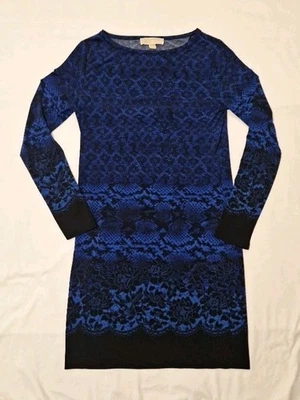 Vestido recto Michael Kors azul/negro estampado floral/serpiente talla pequeña mangas largas Foto 1 de 4