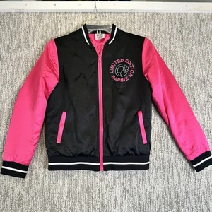 Barbie Varsity Bomber Jacket Girls L (10-12) Limited Edition Black Pink Satin - Picture 1 of 12