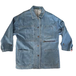 Vintage Long Denim Jacket Womens L Blue Chore Barn Coat Workwear Utility 90s - Picture 1 of 9