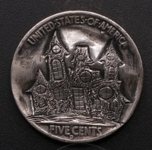 Haunted House - Halloween 2025 Hobo Nickel - Hand Carved Spooky Silhouette - Picture 1 of 3