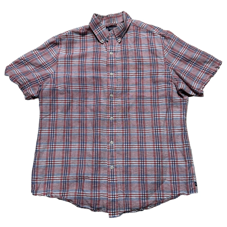 Ralph Lauren Chaps Linen Shirt Mens XL Plaid Red Blue Short Sleeve Casual - Image 1 of 4