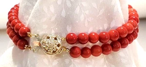 New 7 1/2" Genuine Red Bamboo Coral 2 Row Bracelet w 14KYG Round Filigree Clasp - Picture 1 of 6