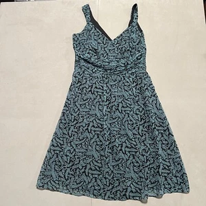 Ann Taylor Silk Dress Sleeveless Womens Sz 8 Black w/ Slate Blue Floral - Picture 1 of 16
