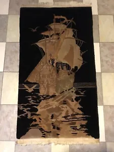 Authentic Antique Signed Nichols Chinese Art Deco Rug Sailing Ship Nautical - Picture 1 of 13