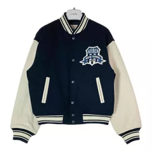 AVIREX 6222048 Varsity Jacket Stajan Navy Size F Outerwear Sleeve Leather - Picture 1 of 10