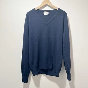 Thane 100% Cashmere V Neck Sweater Vintage Size Large XL Navy Blue Ribbed Hems - Picture 1 of 12